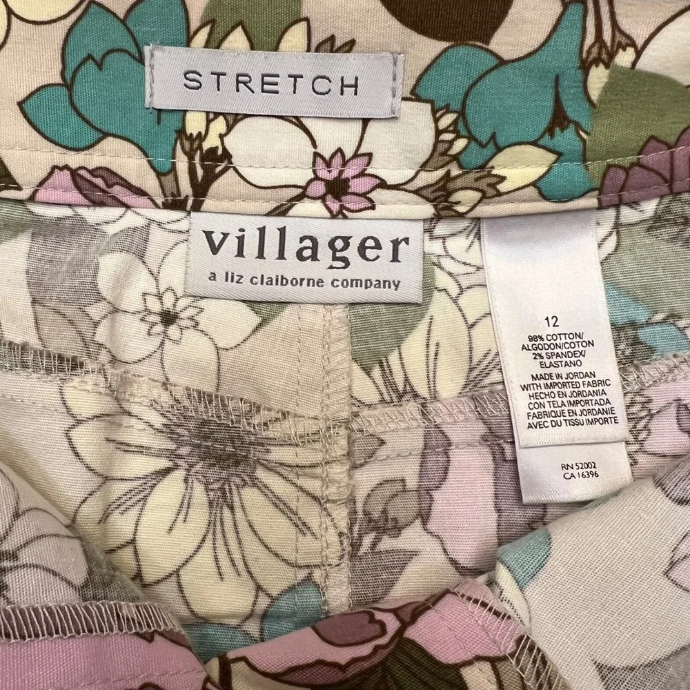 Villager Liz Claiborne‎ Purple Teal Floral Cotton Stretch Skirt Set Size 12
